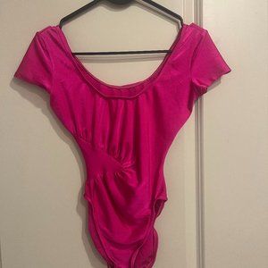 Vintage 80s one piece workout outfit bodysuit, shiny hot pink, size S